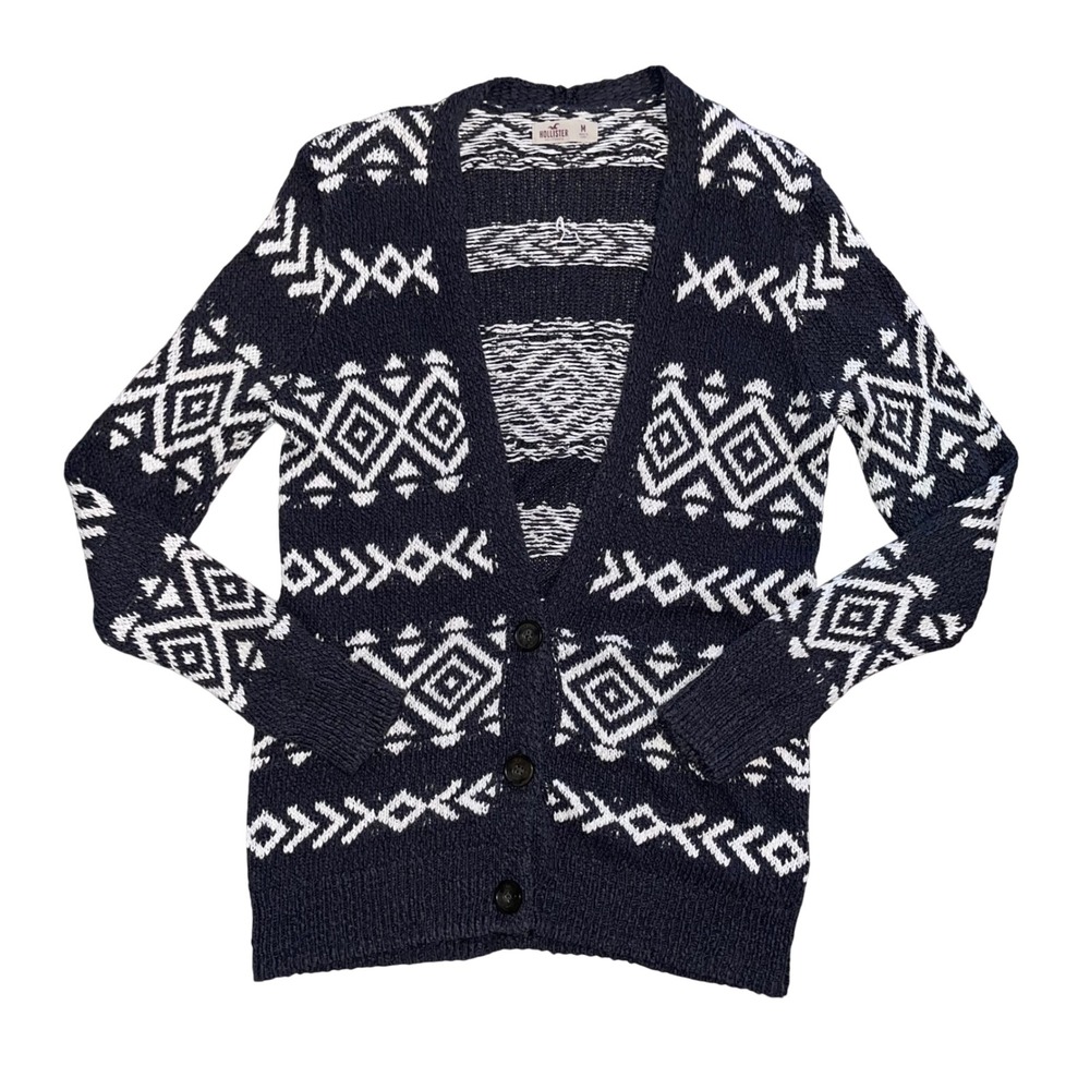 Y2K Hollister Navy White Geometric Knit Button Front Cardigan Sweater Womens M